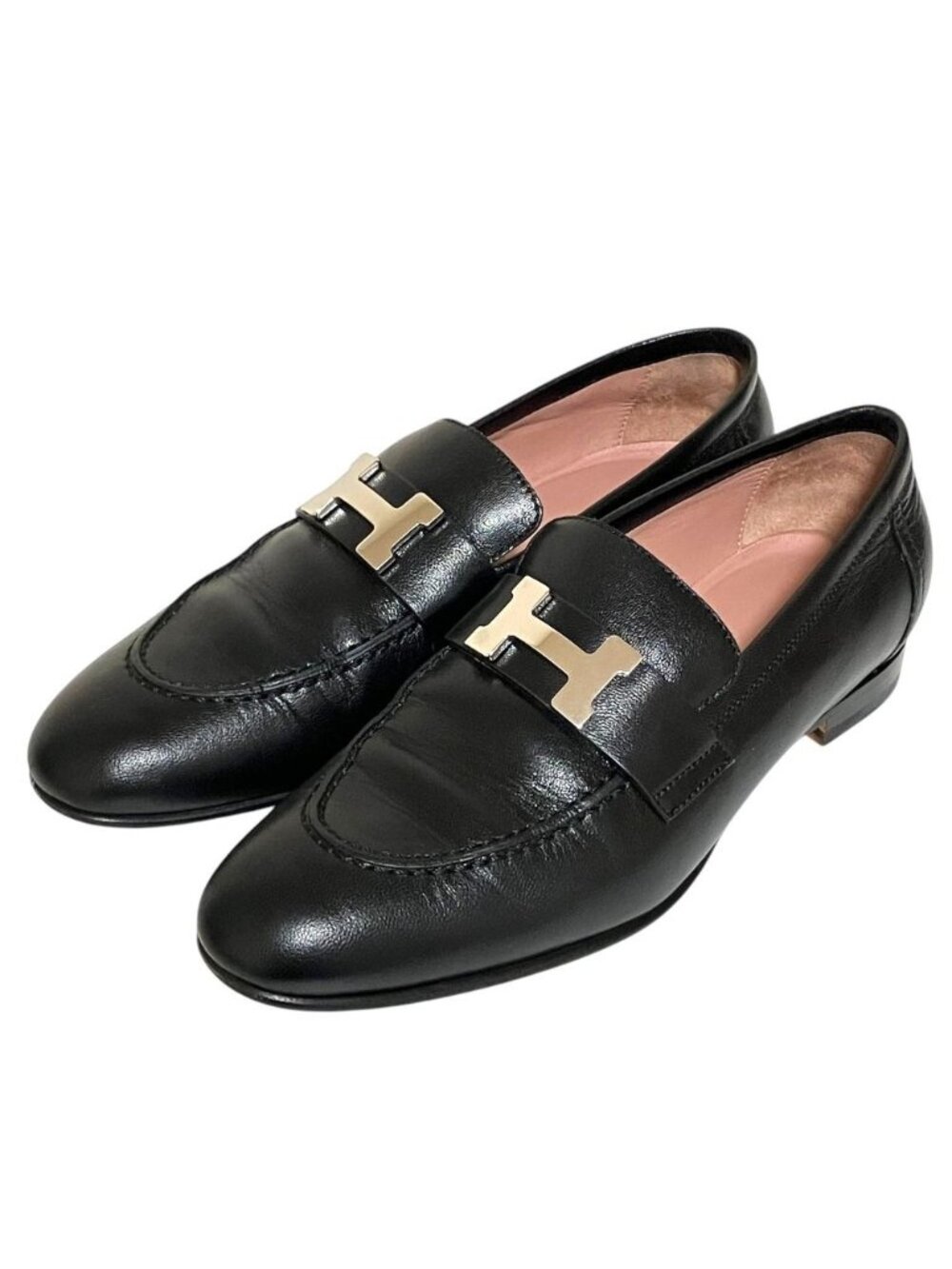 Hermes Paris H Logo Buckle Moccasins Leather Loafers Shoes Black
